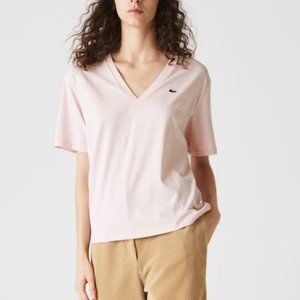Lacoste V-Neck Oversized Cotton T-Shirt Pink New